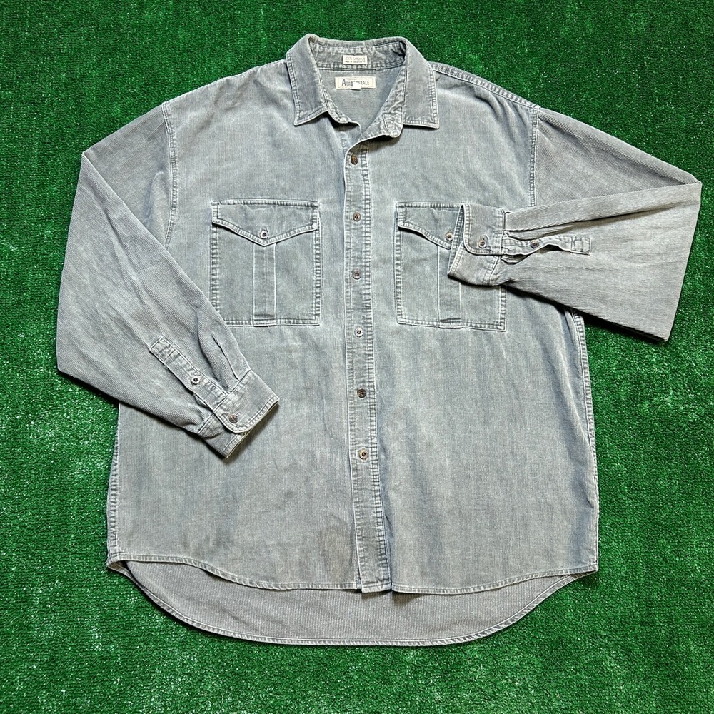 Vintage 90s Aeropostale Men Corduroy Shirt Large Gray Boxy Workwear Flannel